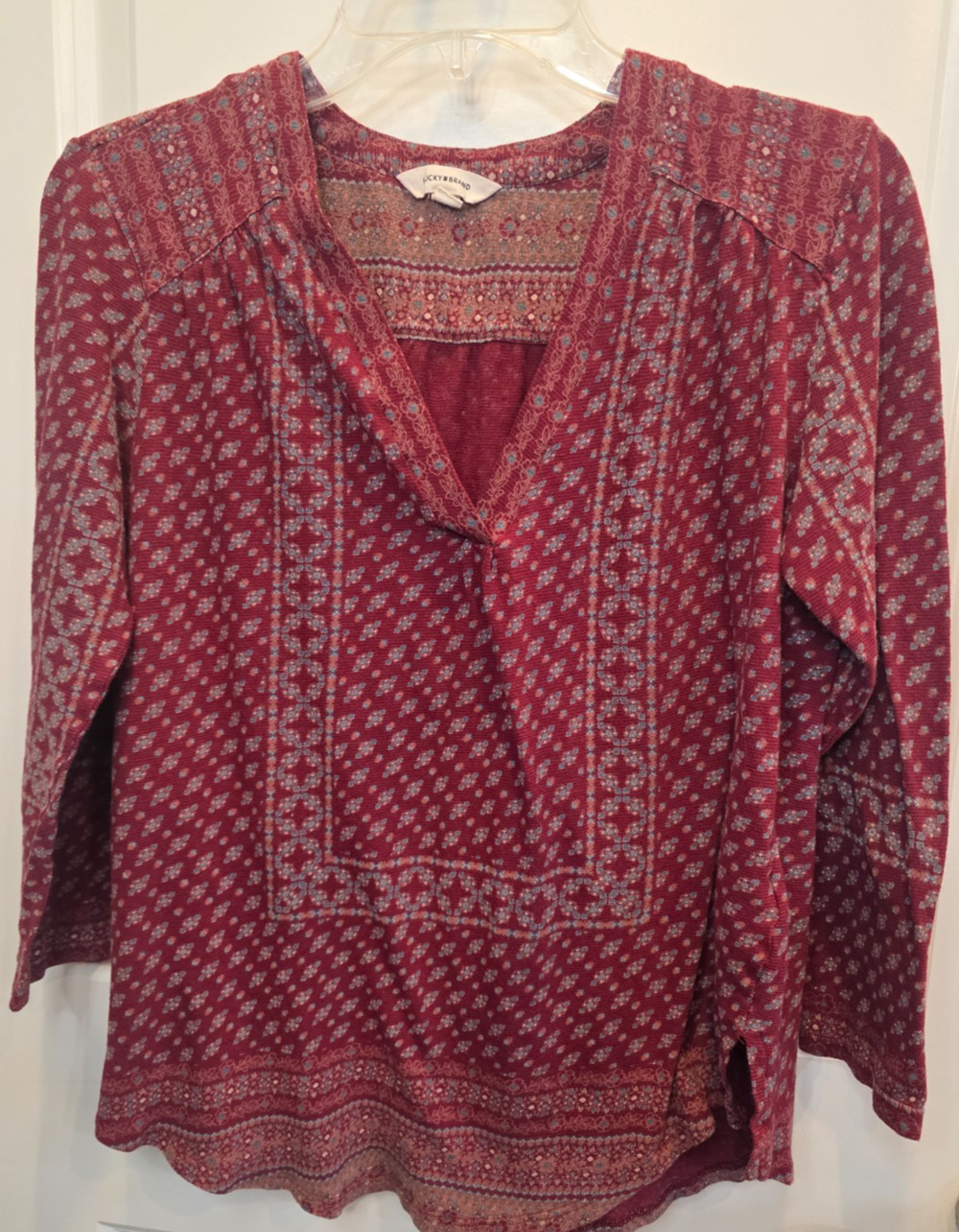 Lucky Brand Blouse Boho Tunic Top Womens M Red Floral Print Cotton Linen Blend